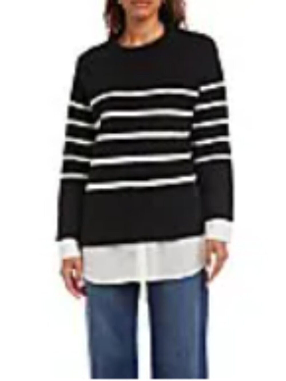 Karen Kane Horizontal Stripe Knit Crew Neck Long Sleeve Twofer Top